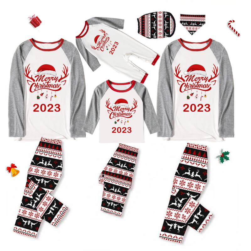 2023 Christmas Matching Family Pajamas Exclusive Design Merry Christmas Hat and Pendant Reindeer Pajamas Set