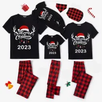 2023 Christmas Matching Family Pajamas Exclusive Design Merry Christmas Hat and Pendant Black Pajamas Set