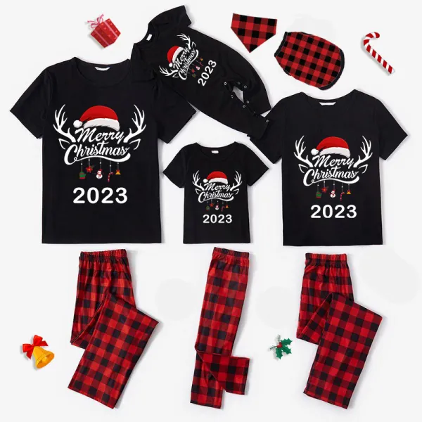 2023 Christmas Matching Family Pajamas Exclusive Design Merry Christmas Hat and Pendant Black Pajamas Set