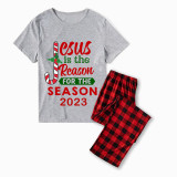 2023 Christmas Matching Family Pajamas Jesus Is The Reason For The Season Gray Short Plaids Pajamas Set