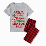 2023 Christmas Matching Family Pajamas Jesus Is The Reason For The Season Gray Short Plaids Pajamas Set