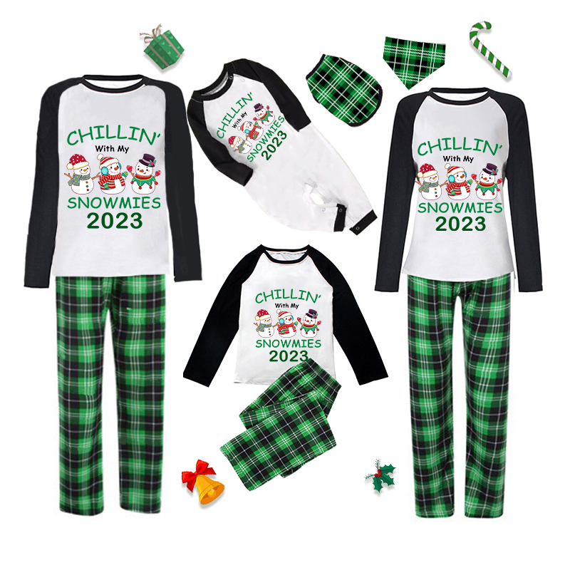 2023 Christmas Matching Family Pajamas Exclusive Design Chillin With My 3 Snowmies Green Plaids Pajamas Set