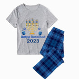 2023 Christmas Matching Family Pajamas Exclusive Design Candlestick Happy Hanukkah Pajamas Short Blue Pajamas Set