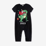 2023 KidsHoo Exclusive Design Christmas Matching Family Pajamas Santa Jurassic Dinosaur Black Short Pajamas Set