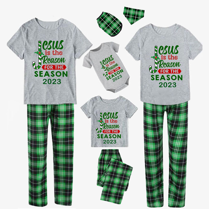 2023 Christmas Matching Family Pajamas Jesus Is The Reason For The Season Short Green Plaids Pajamas Set