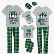 2023 Christmas Matching Family Pajamas Exclusive Design Wonderful Time Short Green Plaids Pajamas Set