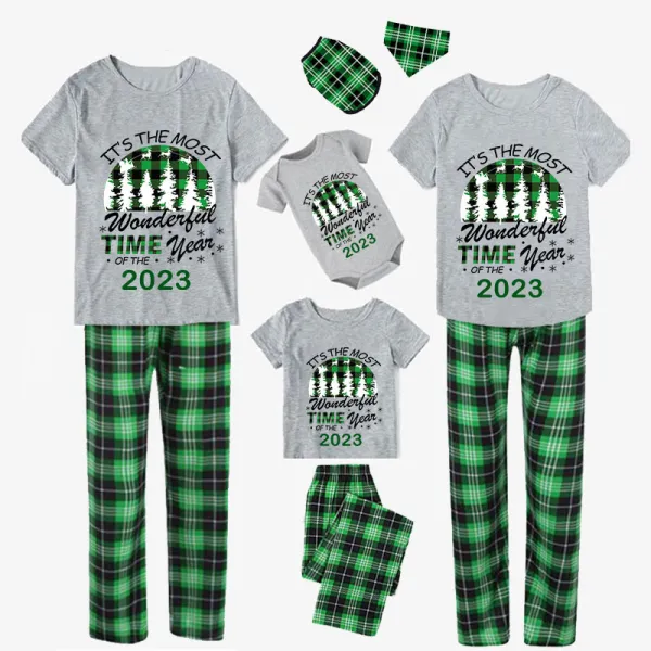 2023 Christmas Matching Family Pajamas Exclusive Design Wonderful Time Short Green Plaids Pajamas Set