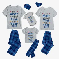 2023 Christmas Matching Family Pajamas Exclusive Design It Is Wonderful Time Short Blue Plaids Pajamas Set