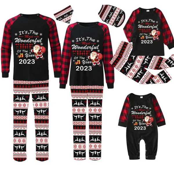 2023 Christmas Matching Family Pajamas Exclusive Design It is The Wonderful Time Black Plaids Pajamas Set