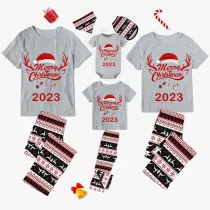 2023 Christmas Matching Family Pajamas Exclusive Design Merry Christmas Hat and Pendant Gray Pajamas Set