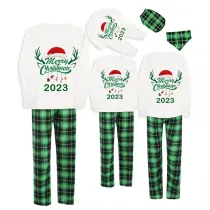 2023 Christmas Matching Family Pajamas Exclusive Design Merry Christmas Hat and Pendant Green Plaids Pajamas Set