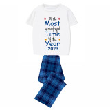 2023 Christmas Matching Family Pajamas Exclusive Design It Is Wonderful Time Short Blue Plaids Pajamas Set