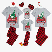 2023 Christmas Matching Family Pajamas Red Plaid Truck with Christmas Tree Gray Pajamas Set With Baby Pajamas