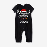 2023 Christmas Matching Family Pajamas Exclusive Design Merry Christmas Hat and Pendant Black Short Pajamas Set