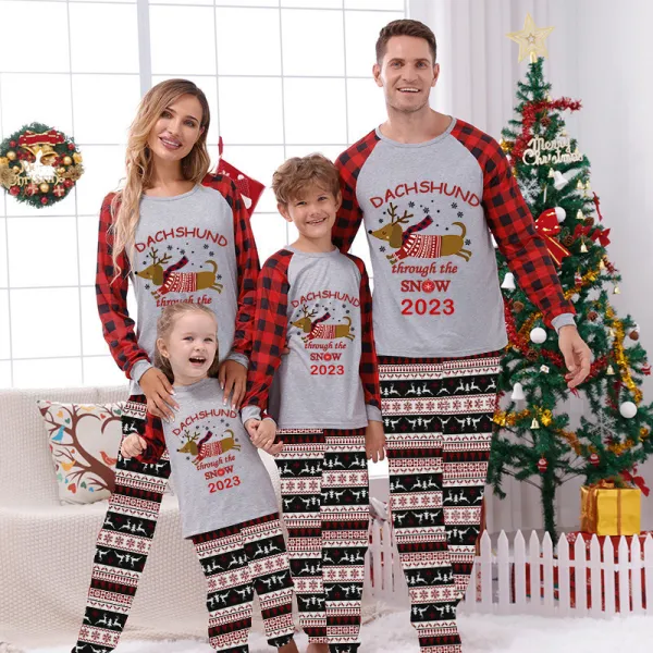 2023 Christmas Matching Family Pajamas Dachshund Through The Snow White Tops Reindeer Pants Pajamas Set
