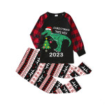 2023 Christmas Matching Family Pajamas Exclusive Design Dinosaur Christmas Tree Black Plaids Pajamas Set