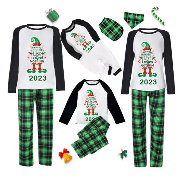 2023 Christmas Matching Family Pajamas Exclusive Design Naughty List Elf Green Plaids Pajamas Set