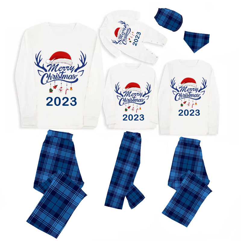 2023 Christmas Matching Family Pajamas Exclusive Design Merry Christmas Hat and Pendant Blue Plaids Pajamas Set