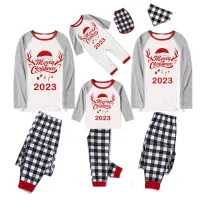 2023 Christmas Matching Family Pajamas Exclusive Design Merry Christmas Hat and Pendant Black White Plaids Pajamas Set