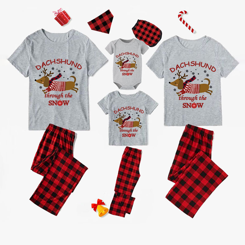 Christmas Matching Family Pajamas Dachshund Through The Snow Gray Short Pajamas Set