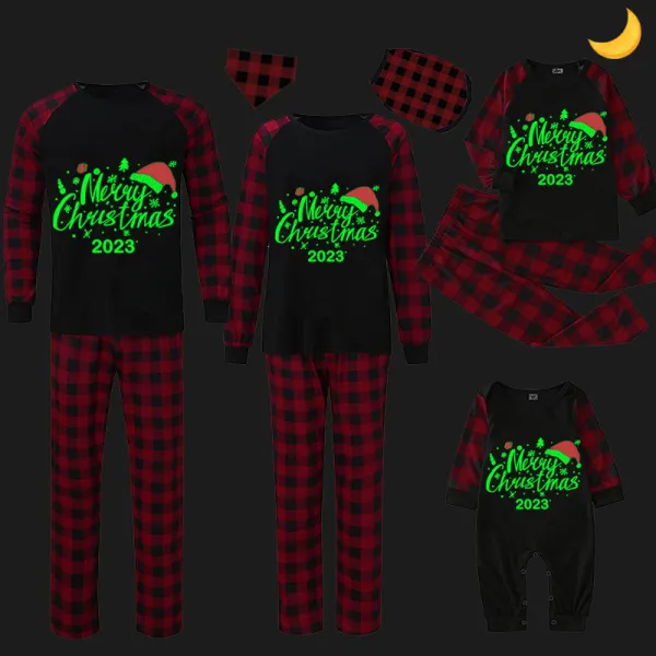 2023 Christmas Matching Family Pajamas Luminous Glowing Merry Christmas Hat Short Pajamas Set