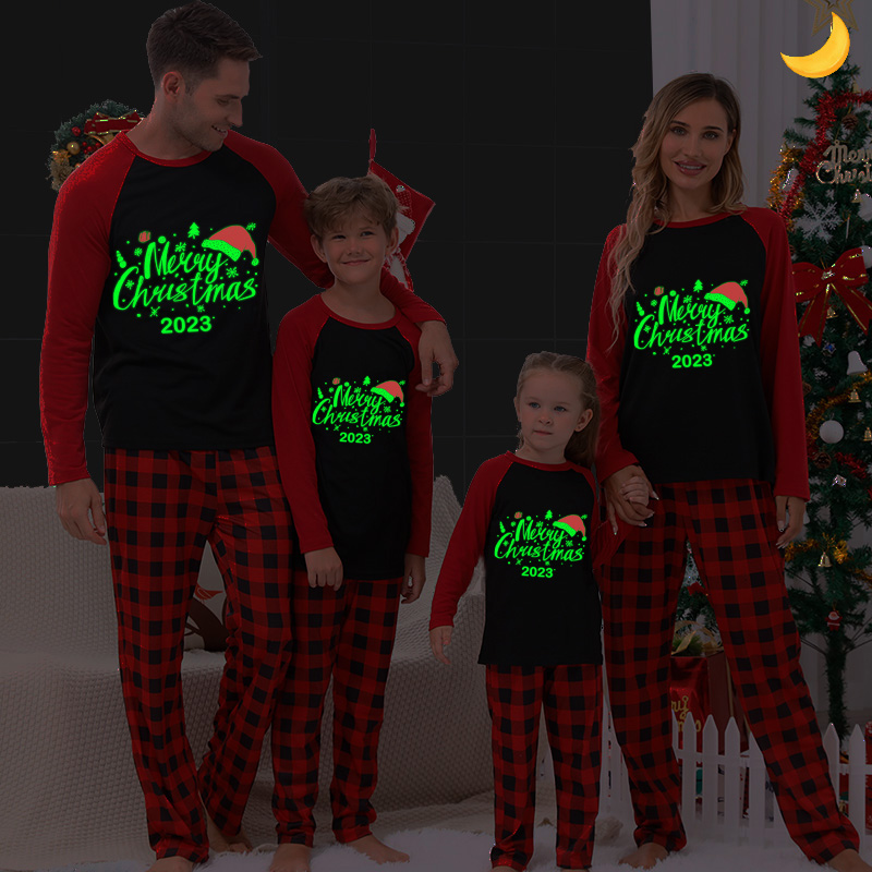 2023 Christmas Matching Family Pajamas Luminous Glowing Merry Christmas Hat Multicolor Pajamas Set