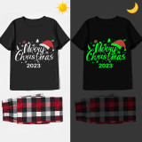 2023 Christmas Matching Family Pajamas Luminous Glowing Merry Christmas Hat Black Short Sleeve Pajamas Set