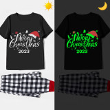 2023 Christmas Matching Family Pajamas Luminous Glowing Merry Christmas Hat Black Short Sleeve Pajamas Set