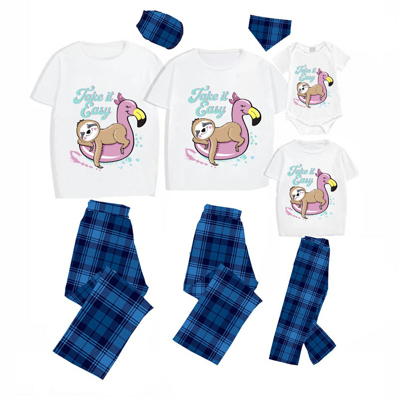 Family Matching Pajamas Exclusive Design Take It Easy Sloth Blue Plaid Pants Pajamas Set