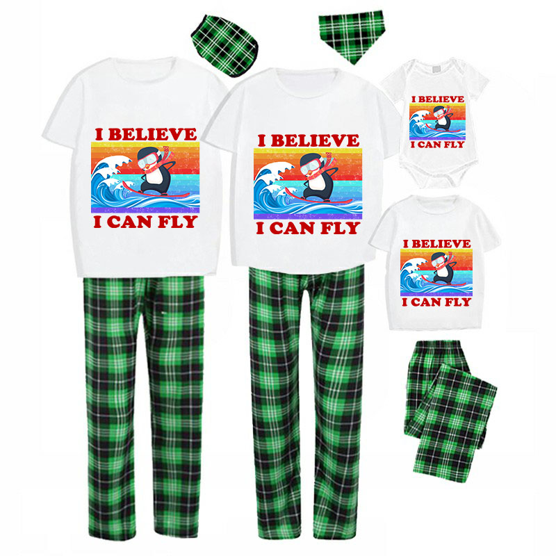 Family Matching Pajamas Exclusive Design I Believe I Can Fly Green Plaid Pants Pajamas Set