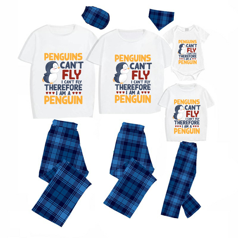 Family Matching Pajamas Exclusive Design Penguins Can't Fly I Can't Fly Therefore I Am A Penguin Blue Plaid Pants Pajamas Set
