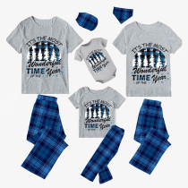 Christmas Matching Family Pajamas It's The Most Wonderful Time of The Year Christmas Tree Short Blue Plaids Pajamas Set