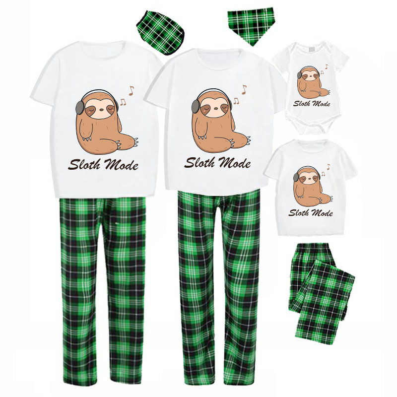 Family Matching Pajamas Exclusive Design Sloth Mode Green Plaid Pants Pajamas Set