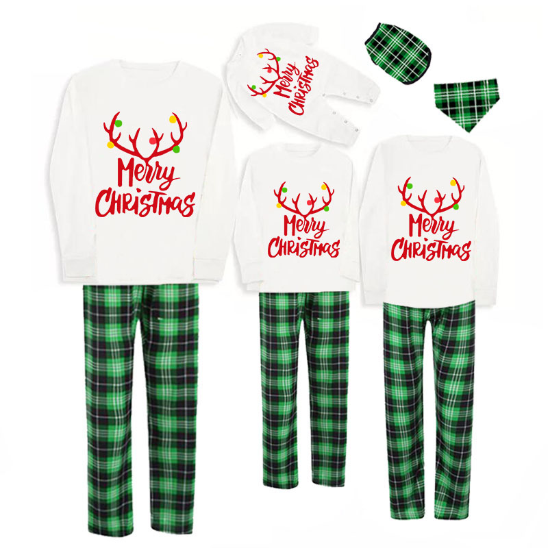 Christmas Matching Family Pajamas Merry Christmas Antler White Top Pajamas Set