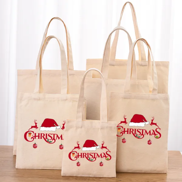 Christmas Eco Friendly Merry Christmas Reindeer Hat Handle Canvas Tote Bag