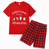 Family Matching Pajamas Exclusive Design Exercising With My Penguins Red Short Pajamas Set