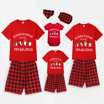 Family Matching Pajamas Exclusive Design Exercising With My Penguins Red Short Pajamas Set