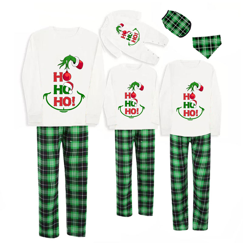 Christmas Matching Family Pajamas HO HO HO Monster White Top Green Plaids Pajamas Set