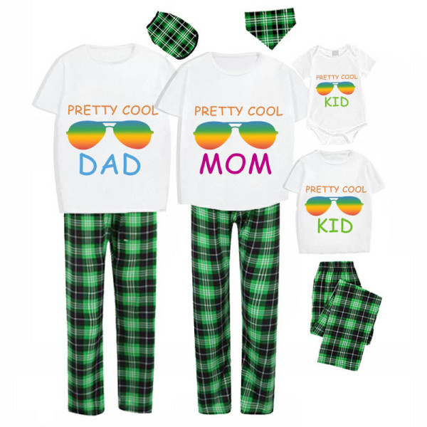 Family Matching Pajamas Exclusive Design Pretty Cool Sunglasses Green Plaid Pants Pajamas Set