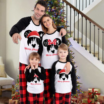 Christmas Matching Family Pajamas Cartoon Mouse With Christmas Hat Black Plaids Pajamas Set