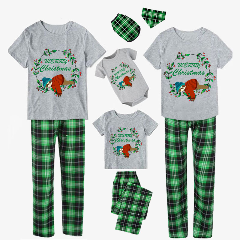 Christmas Matching Family Pajamas Merry Christmas Wreath Sloths Green Plaids Pajamas Set