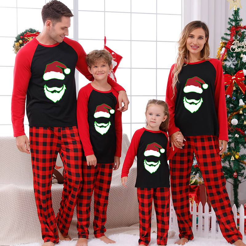 Christmas Matching Family Pajamas Fluorescent White Bearded Santa Black Pajamas Set