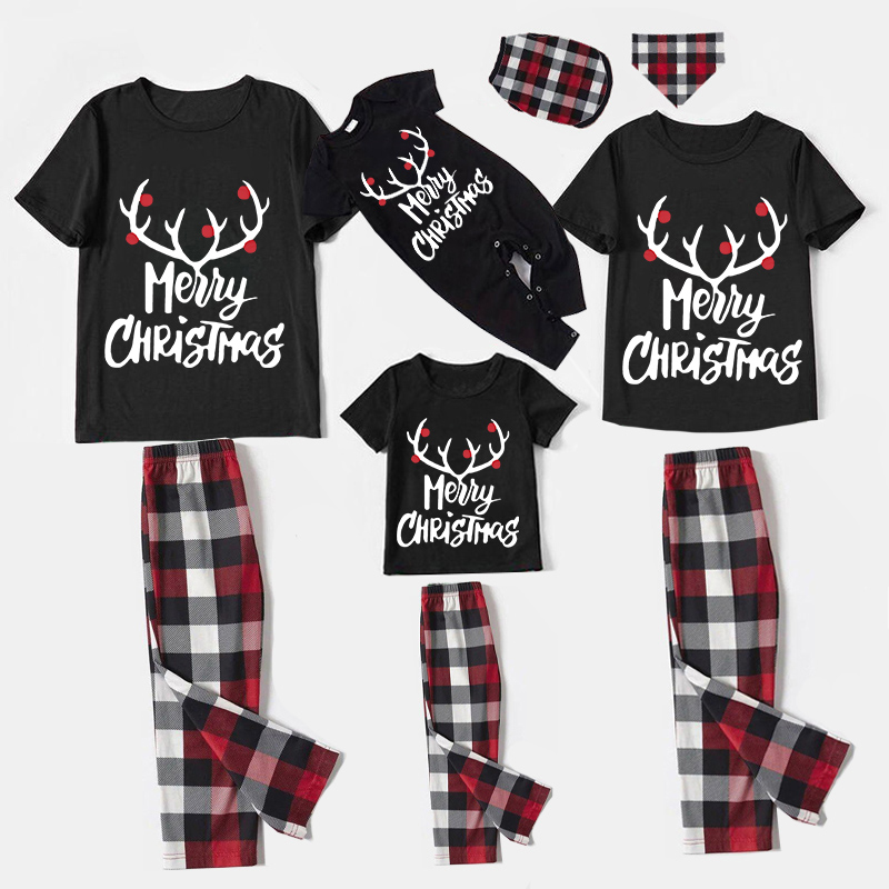 Christmas Matching Family Pajamas Merry Christmas Antler Black Short Pajamas Set