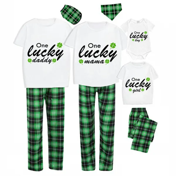Family Matching Pajamas Exclusive Design One Lucky Green Plaid Pants Pajamas Set