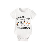 Family Matching Pajamas Exclusive Design Exercising With My Penguins White Short Pajamas Set
