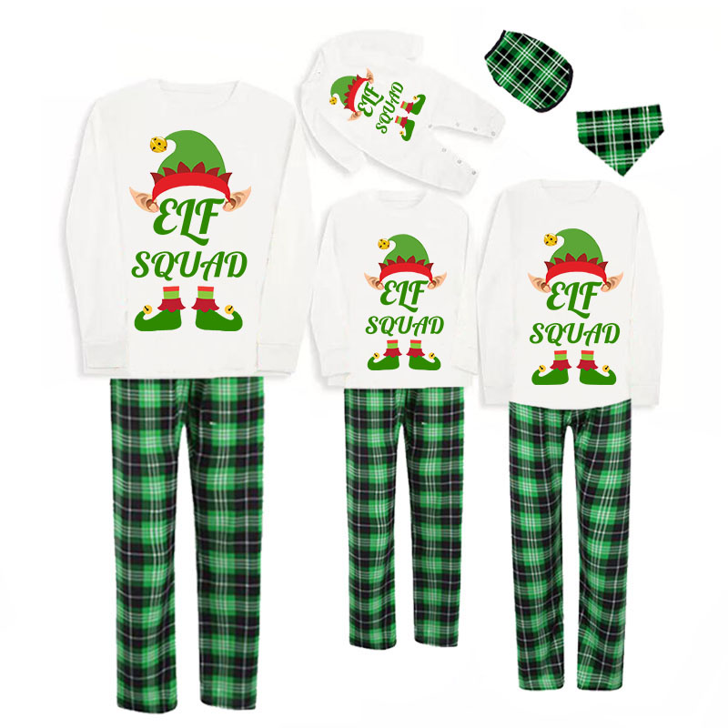 Christmas Matching Family Pajamas Elf Squad Hat Around White Top Green Plaids Pajamas Set