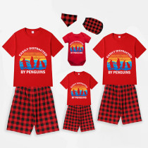 Family Matching Pajamas Exclusive Design Easily Distracted By Penguin Red Short Pajamas Set