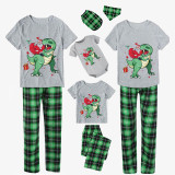 Christmas Matching Family Pajamas Santa and Dinosaurs Short Green Plaids Pajamas Set