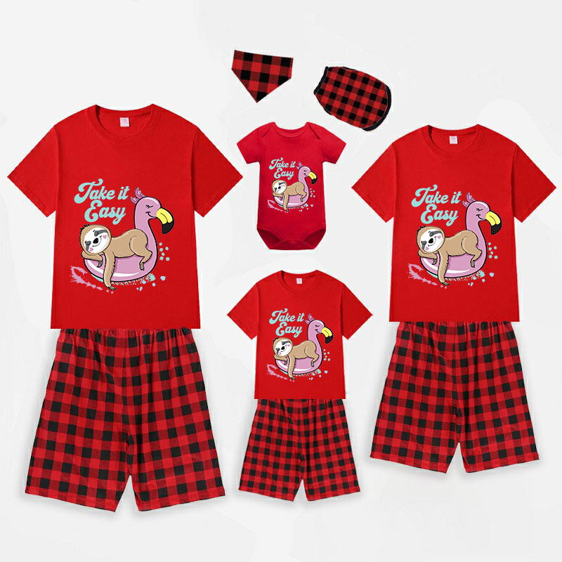 Family Matching Pajamas Exclusive Design Take It Easy Sloth Red Short Pajamas Set