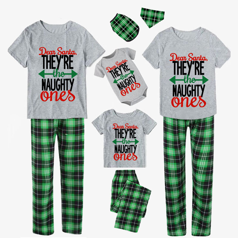 Christmas Matching Family Pajamas Dear Santa They Are Naughty Ones Green Plaids Pajamas Set